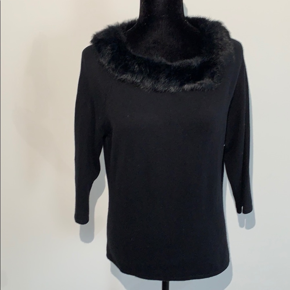 White + warren silk cashmere fur collar 3/4 sleeve